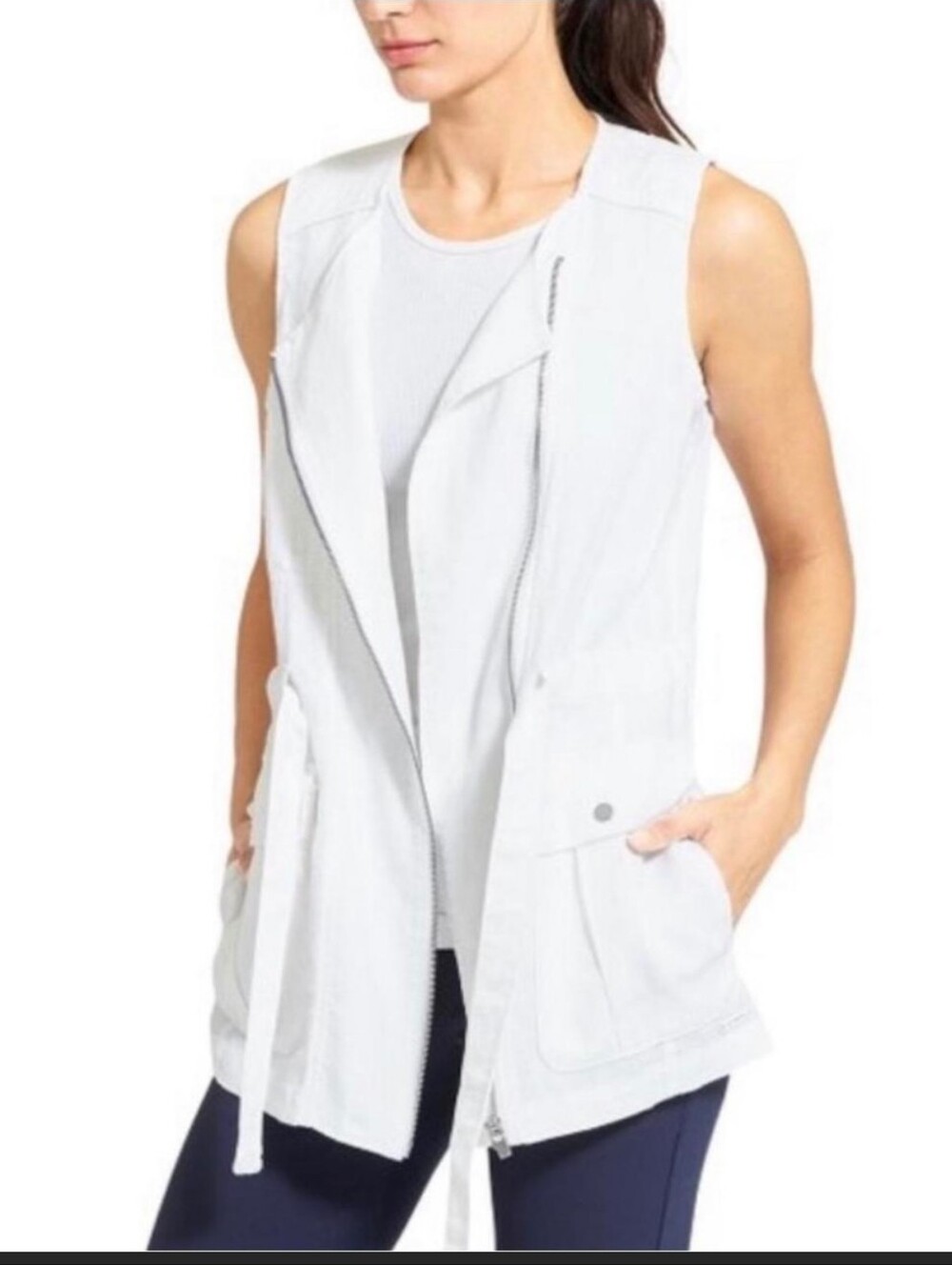 Athleta Sleeveless White Linen Utility Vest Women Vintage Aesthetic Cottagecore